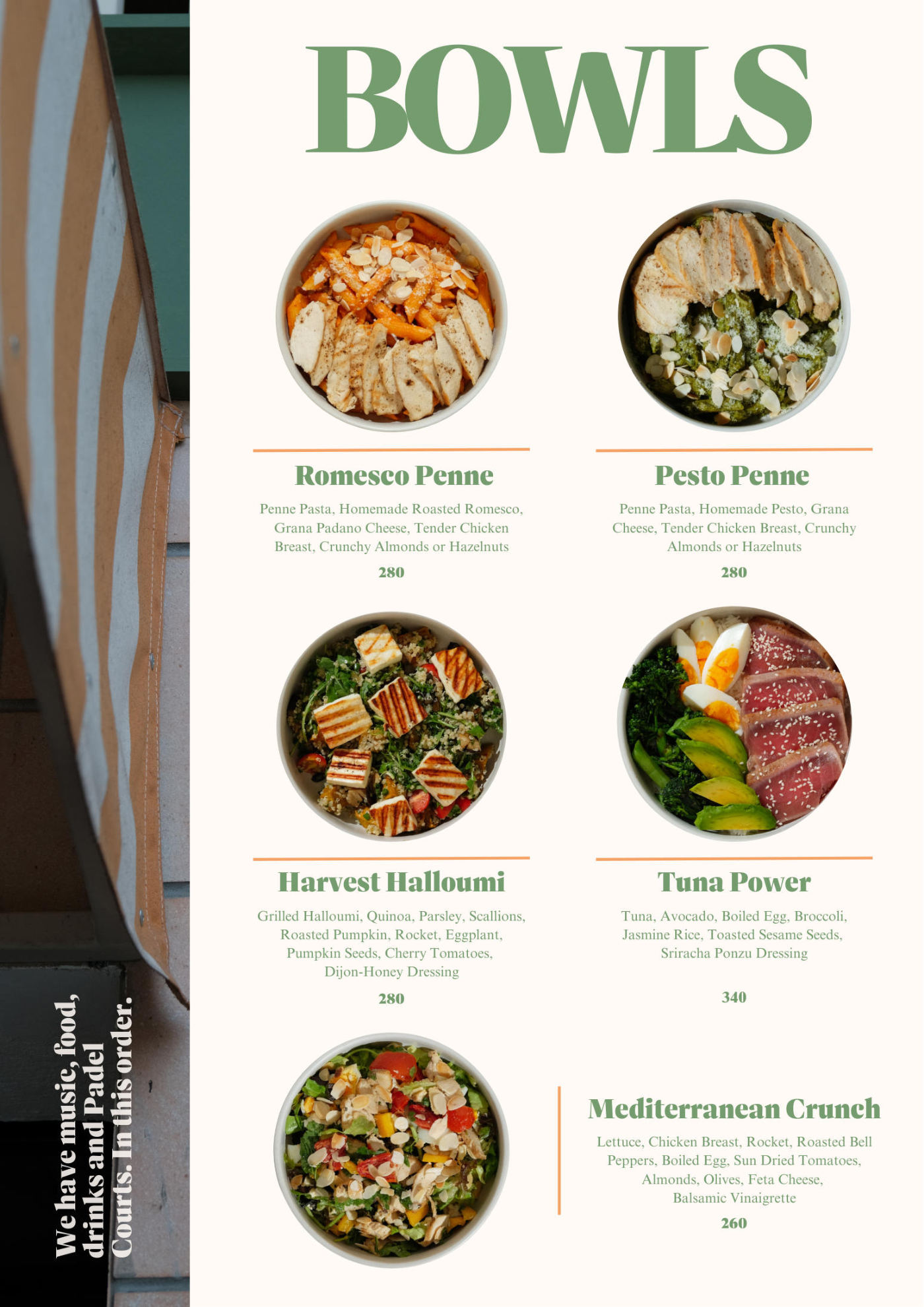 Bowls — Romesco Penne, Pesto Penne, Harvest Halloumi, Tuna Power, Mediterranean Crunch